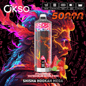 Bright product ad showing a central OKSO Shisha Hookah Mega disposable vape with a red crystalline pattern labeled 50,000 puffs, surrounded by a vivid illustration of a fiery bearded face with flowing multicolored hair, flavor text reading Strawberry Watermelon Bubble Gum, small fruit and candy images, and feature icons for adjustable airflow, triple mesh coil, Type‑C charging, 1100mAh battery and 40ml e-liquid.