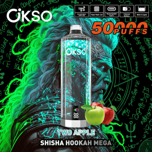Vibrant ad for an OKSO Two Apple Shisha Hookah Mega disposable showing a clear cylindrical vape device in front of neon green and teal illustrated warrior hair, apples at the base, and bold text reading 50,000 puffs with product feature icons along the top.