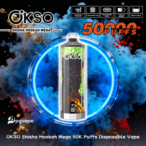 A colorful ad for the OKSO Shisha Hookah Mega disposable vape featuring a tall cylindrical device with green geometric accents centered in a glowing blue ring and surrounded by blue and red smoke, with bold '50K PUFFS' text and icons for adjustable airflow, triple mesh coil, Type-C charging, 1100mAh battery and 40ml e-liquid.