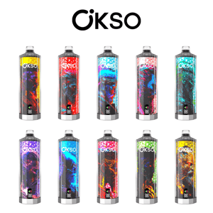 Ten ÖKSO-branded cylindrical devices with vibrant abstract artwork arranged in two rows of five beneath a large ÖKSO logo on a white background.