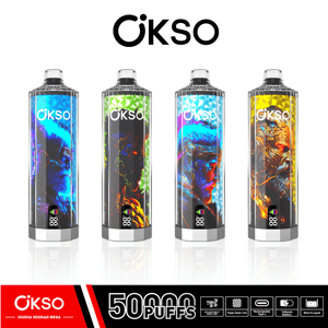 Four cylindrical OKSO-branded disposable vape devices standing side by side, each with a distinct colorful illustrated panel and clear mouthpiece, with the OKSO logo above and a bold 