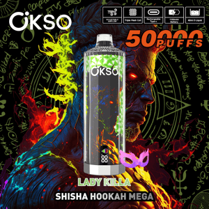 Tall OKSO disposable vape device labeled “Lady Killa” centered against a vibrant, fiery two-faced illustration with mystic symbols, large orange “50,000 PUFFS” text and feature icons for adjustable airflow, triple mesh coil, USB‑C recharge, 1100mAh battery and 40ml e‑liquid.