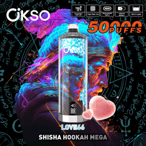 Colorful advertisement showing a metallic patterned OKSO disposable vape device labeled LOVE66 and SHISHA HOOKAH MEGA against a vivid neon cosmic swirl background, with icons along the top indicating adjustable airflow, triple mesh coil, rechargeable Type‑C, 1100mAh battery and 40ml e‑liquid, and bold orange text 50 PUFFS.