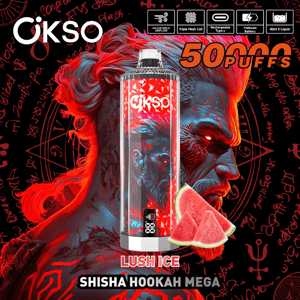 Bold OKSO product ad showing a tall metallic disposable vape with red-and-blue illustrated artwork of a flowing-haired figure, feature icons across the top, large orange 