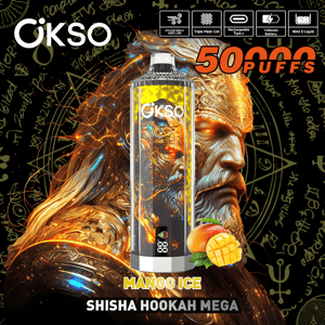OKSO product advertisement showing a metallic rectangular vape device labeled Mango Ice and SHISHA HOOKAH MEGA with prominent 50 PUFFS text and icons for adjustable airflow, triple mesh coil, Type‑C recharge, 1100mAh battery and 40ml e-liquid, set against a dark decorative background with golden fiery swirls.