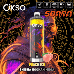 Tall OKSO disposable vape device with a colorful illustrated body and a peach at its base labeled Peach Ice and Shisha Hookah Mega, set against a dramatic bearded warrior illustration with ornate symbols, prominent 50,000 PUFFS text and small feature icons along the top.