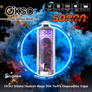 Cylindrical OKSO Shisha Hookah Mega disposable vape with a purple-red abstract panel centered in a glowing blue neon ring, set against swirling blue and red smoke and a bold "50K PUFFS" claim at top right, with small icons indicating adjustable airflow, triple mesh coil, Type-C charging, 1100mAh battery and 40ml e-liquid.