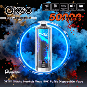 Centered cylindrical OKSO Shisha Hookah Mega disposable vape device framed by a glowing blue neon ring against swirling blue and red smoke, with bold text advertising 50K puffs and brand icons across the top.