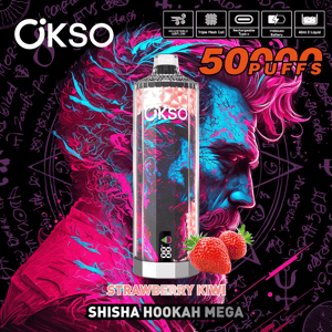 Vibrant product ad for OKSO showing a metallic cylindrical vape with neon pink and blue swirls centered on a black background with occult-style doodles, feature icons along the top, a bold orange 