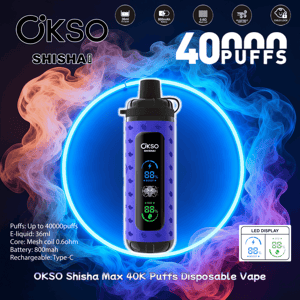 Purple OKSO Shisha Max disposable vape device with a top mouthpiece and front LED display centered in a neon blue circular glow, surrounded by swirling pink and blue smoke and bold text advertising 40,000 puffs and product specifications.