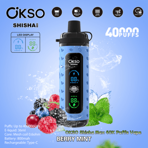 Light-blue OKSO Shisha Max disposable vape with a vertical LED display showing battery and boost settings, surrounded by raspberries, blackberries, blueberries and mint leaves and labeled “Berry Mint” with prominent text “40,000 puffs” and small icons for 36 ml e-liquid, 800 mAh battery and 0.6Ω mesh coil.