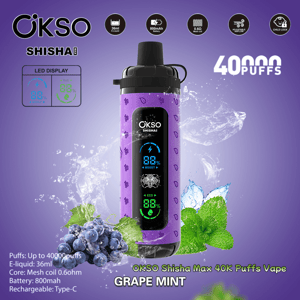 Purple OKSO Shisha Max 40K vape device with a central LED display, pictured with grapes, mint leaves and water splashes and labeled Grape Mint, 40,000 puffs, 36ml e-liquid and 800mAh battery.
