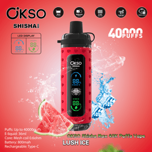 Bright promotional image featuring a red OKSO Shisha Max Lush Ice vape device with a central LED display, splashing ice and watermelon slices around it, and text/icons advertising 40,000 puffs, 36ml e-liquid, 800mAh battery, 0.6Ω mesh coil, adjustable airflow, child lock and Type‑C recharge.