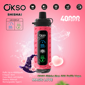 Pink cylindrical OKSO Shisha Max disposable vape with a black mouthpiece and central LED display showing battery percentage and modes, pictured on a pink background with hearts and a wizard hat graphic and labeled 