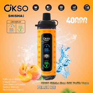 Orange OKSO Shisha Max disposable vape device with a vertical LED display centered on an orange background, surrounded by splashing ice and sliced peaches and labeled 