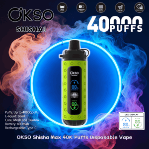 Green ÖKSO Shisha Max disposable vape with a front LED display centered inside a glowing blue ring against swirling red and blue vapor, with large '40,000 PUFFS' text and small product spec icons around it.