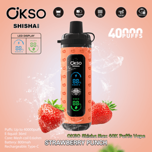 Orange OKSO Shisha Max vape device centered on a peach background, labeled “Strawberry Punch” with a vertical LED display, two strawberries at its base, and icons/text highlighting 36ml e-liquid, 800mAh battery, 0.6Ω mesh coil, adjustable airflow, child lock, and “40000 puffs”.