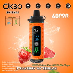 Orange OKSO Shisha Max disposable vape with a vertical LED display, shown with splashing water and strawberry and watermelon slices and text announcing 40,000 puffs and specs like 36ml e-liquid and 800mAh battery.