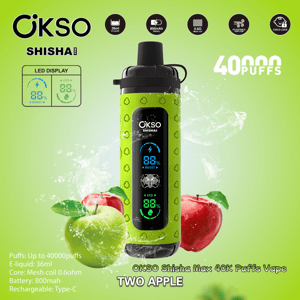 Green advertisement featuring a central lime-green OKSO Shisha Max vape with a vertical LED display, two apples (green and red) indicating the 'Two Apple' flavor, and prominent text reading '40,000 PUFFS' with product specs (36ml e‑liquid, 800mAh battery) on a light green background