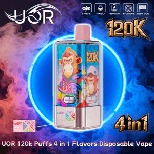 Reklamgrafik för en UOR 120k-puff 4-i-1 engångsvape med den rektangulära enheten med färgglada tecknade konst- och smaketiketter, fet '120k' och '4in1'-text, specifikationsikoner för Type-C, 64ML, 650mAh och mesh-spiral blå och rosa swir.