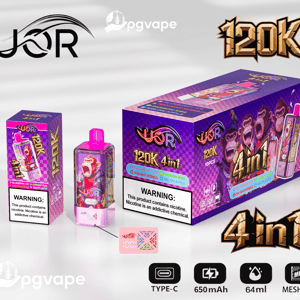 Purple retail packaging and matching pink‑topped disposable vape device branded UOR with bold 120K 4in1 and roaring gorilla artwork, flavor list (Blueberry Ice, Passion Kiss, Peach Mango Watermelon, Melon Apple), prominent nicotine warning label, and icons for Type‑C charging, 650 mAh, 64 ml capacity, and mesh coil.