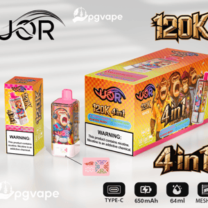 Bright yellow-orange UOR 120K 4in1 vape box and matching device with a pink mouthpiece featuring cartoon monkeys, flavor names, a nicotine warning label, and icons for Type-C charging, 650 mAh, 64 ml capacity and mesh coil.