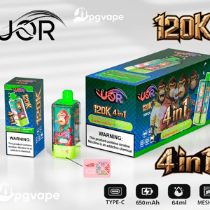 Retail display of UOR 120K 4-in-1 disposable vape device with a bright green mouthpiece and cartoon ape artwork beside its small box and larger 10‑pack box, both showing a prominent nicotine warning and feature icons for Type‑C charging, 650 mAh battery, 64 ml capacity, and mesh coil.