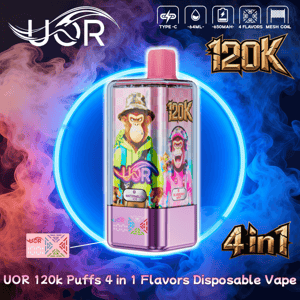 Colorful ad featuring a pink UOR 120k-puffs 4-in-1 disposable vape centered in a neon blue ring against red and blue smoke, with illustrated flavor panels on the device and icons across the top indicating Type-C charging, 64 mL capacity, 650 mAh battery, four flavors and mesh coil.