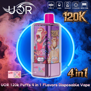Purple metallic rectangular disposable vape with a pink mouthpiece featuring cartoon apes and bold '120K' branding, shown inside a blue neon ring against pink and blue smoke, with small icons for Type-C, 64ml, 650mAh, 4 flavors and mesh coil and the caption 'UOR 120k Puffs 4 in 1 Flavors Disposable Vape'.