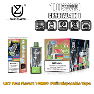 Product packaging and device for UZY Four Flavor 'Crystal 4-in-1' disposable vape showing a green‑topped rectangular vape, retail box and sleeve labeled 100000 puffs with icons for four mesh coil, 56 ml, 650 mAh, 4‑in‑1 flavor and Type‑C port, plus nicotine warning labels.