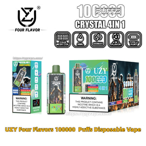 Product shot of UZY 'Crystal 4in1' disposable vape and packaging: a clear rectangular device with a green mouthpiece and astronaut graphic, two colorful boxes advertising 100000 puffs and four flavors, icons for four‑mesh coil, 56 mL e‑liquid, 650 mAh battery and Type‑C port, and a prominent nicotine addiction warning.
