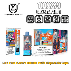 Advertising image for UZY Crystal 4-in-1 disposable vape showing a blue-topped device with astronaut artwork, a single-unit box and multi-pack box, visible icons for four mesh coil, 56 ml, 650 mAh, 4-in-1 flavor and Type-C port, nicotine warning text, and product website.