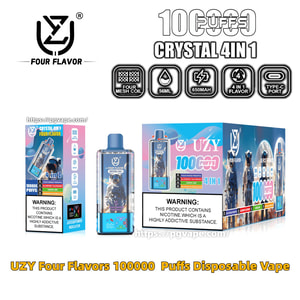Blue-themed UZY Crystal 4‑in‑1 disposable vape and packaging featuring an astronaut graphic on the device, two product boxes, icons for four mesh coil, 56 mL, 650 mAh, 4-in-1 flavors and Type‑C port, and a nicotine addiction warning label.