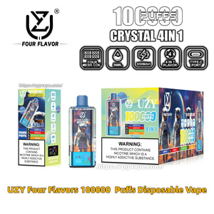 Colorful product shot of a UZY Four Flavor disposable vape showing a transparent rectangular device with an astronaut illustration, matching retail boxes, and feature icons indicating four mesh coil, 56 mL capacity, 650 mAh battery, 4-in-1 flavors, Type-C port and a nicotine warning.