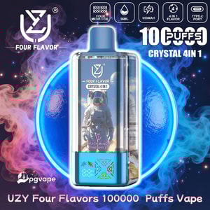 Genomskinlig blå UZY Four Flavour Crystal 4-i-1 vape-enhet med en astronautgrafik och etiketten 'Peach Mango Pineapple' och '100000 puffs', visad mot virvlande blå och lila rök med ikoner för fyra mesh-spolar, 56ml, 650mAh, 4-i-1-smak och typ.
