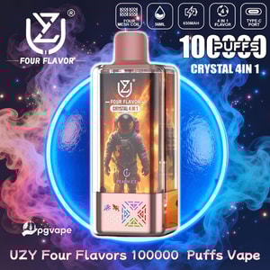 Metallic pink UZY Four Flavor Crystal 4-in-1 disposable vape with an astronaut label, shown against a blue and pink smoky space background with bold 