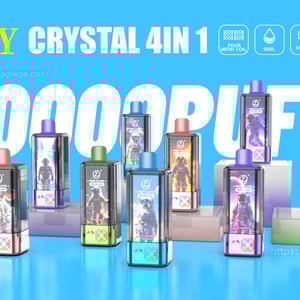Row of colorful UZY Crystal 4-in-1 disposable vape devices with astronaut artwork on a blue background, shown in front of large “10000 PUFFS” text and brand name, with icons indicating four mesh coil, 56 ml, 650 mAh, 4-in-1 flavor and Type-C port
