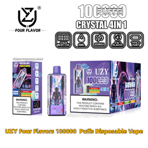 Purple UZY Crystal 4-in-1 disposable vape and its retail boxes labeled 100,000 puffs, showing astronaut-themed device artwork, four-flavor branding, feature icons (four mesh coil, 56 mL, 650 mAh, 4-in-1 flavor, Type-C port) and nicotine warning labels.