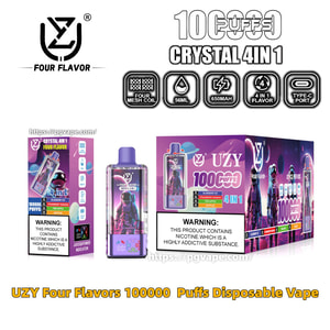 Packaging and product display for a UZY Crystal 4-in-1 disposable vape in purple space-themed art, showing the device and two boxes, prominent 