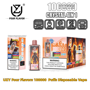 UZY “Crystal 4-in-1” Four Flavor disposable vape packaging showing a pink rectangular device with astronaut/fire artwork, two product boxes, icons for 100000 puffs, four mesh coil, 56 ml, 650 mAh, 4‑in‑1 flavor and Type‑C port, and a prominent nicotine addiction warning.