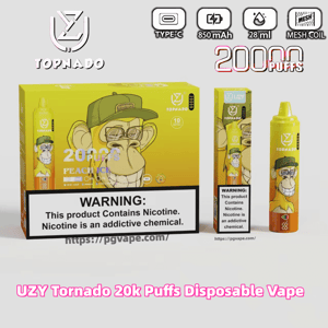 Yellow UZY Tornado disposable vape box and device showing a grinning cartoon monkey wearing a green cap, prominent '20000 puffs' text, icons for Type‑C, 850 mAh, 28 ml and mesh coil, and a large nicotine warning label, all on a white background.