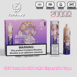 Purple UZY Tornado disposable vape display showing a box and two device images featuring a cartoon monkey wearing a helmet, product icons for Type‑C charging, 850 mAh, 28 ml and mesh coil, '20000 puffs' branding, and a prominent nicotine warning label.