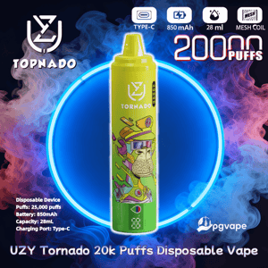 Centered bright yellow-green disposable vape with a cartoon monkey illustration, shown inside a glowing blue ring against swirling pink and blue vapor, with Tornado/Topnado branding, pgvape logo, icons for Type‑C, 850 mAh battery, 28 mL capacity and mesh coil, and bold text promoting 20,000 puffs.
