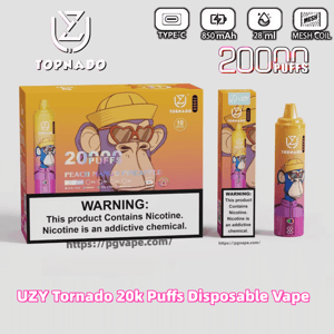 Colorful UZY Tornado disposable vape packaging and device featuring a cartoon monkey wearing a yellow hat and heart-shaped sunglasses, labeled 20,000 puffs with peach‑mango‑pineapple flavor, Type‑C/850 mAh/28 ml/mesh coil icons and a prominent nicotine warning.