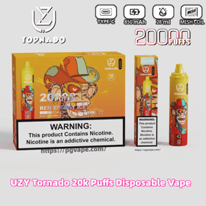 Yellow-orange box and matching disposable vape for 'UZY/Tornado' Red Energy Ice featuring a cartoon monkey in a cap, large 