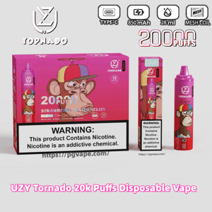 Pink UZY Tornado disposable vape box and device featuring a cartoon monkey in a multicolored cap, labeled 
