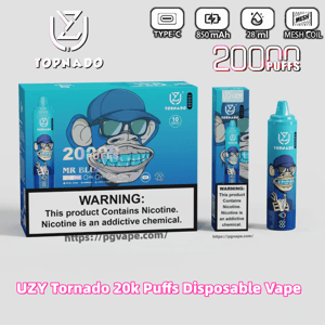 Blue UZY Tornado disposable vape packaging and device showing a grinning cartoon monkey wearing a cap and sunglasses, labeled 20,000 puffs with icons for Type‑C, 850 mAh, 28 ml and mesh coil, and a prominent nicotine addiction warning.