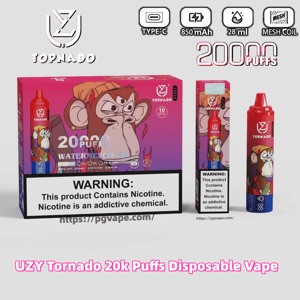 Packaging and single red UZY Tornado disposable vape featuring a large cartoon monkey graphic, bold 