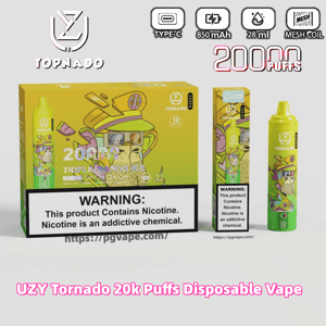 Bright yellow-green UZY Tornado disposable vape device and matching box with cartoon character artwork, product icons showing Type‑C, 850 mAh, 28 ml and mesh coil with “20,000 puffs” text, and a prominent warning label stating the product contains nicotine.