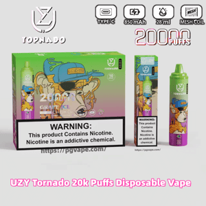 Boxed UZY Tornado disposable vape set with colorful monkey artwork, showing a green-and-pink device and packaging labeled 20,000 puffs and icons for Type‑C, 850 mAh, 28 ml and mesh coil, flavored Grape Ice, with a prominent nicotine warning label.